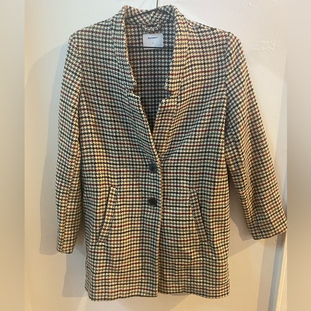 Multicolor houndstooth wool blend coat